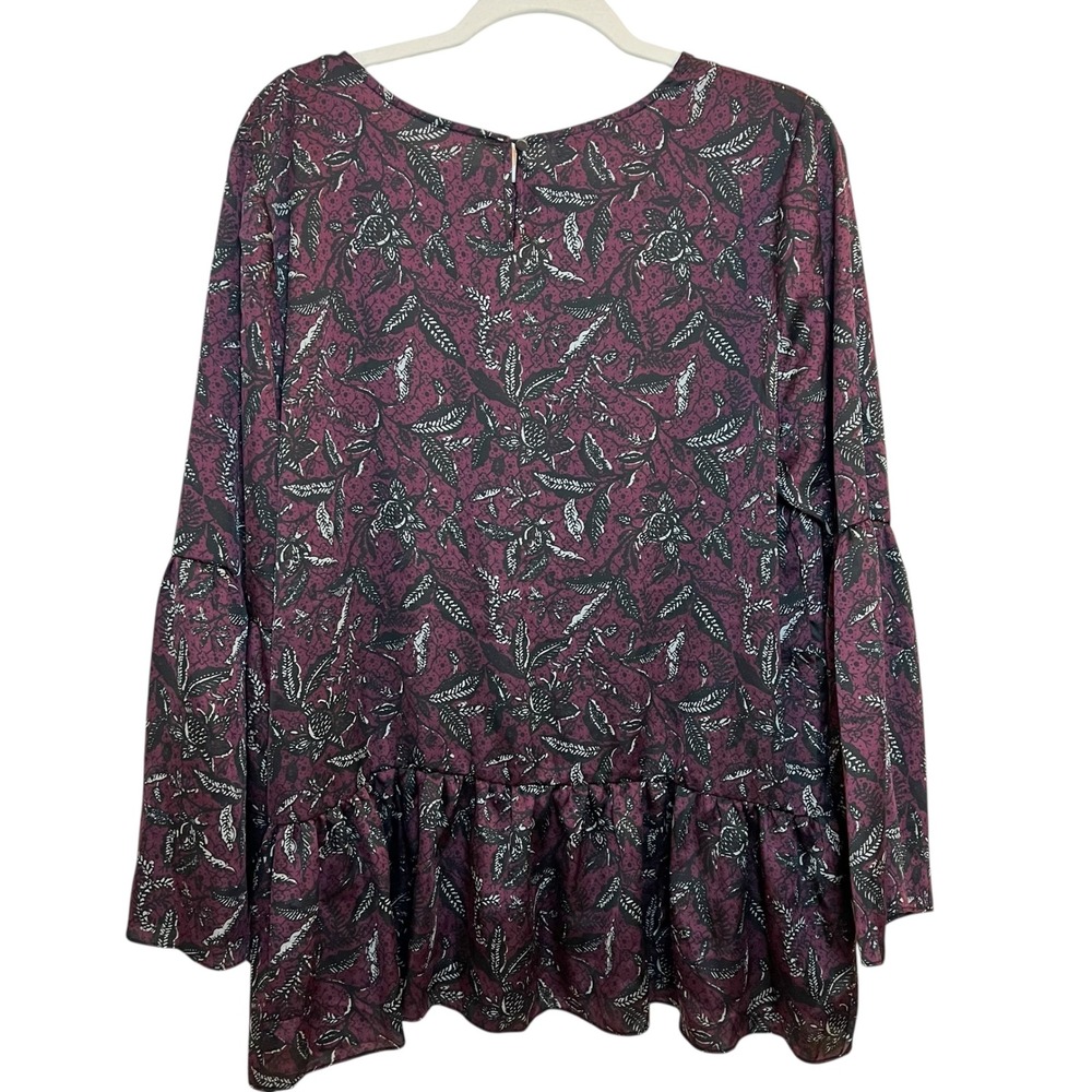 Simply Styled by Sears Women's Burgundy Floral‎ Bell Sleeve Peplum Tunic Top XL - Picture 2 of 9